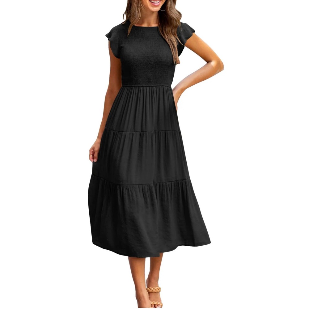 MEROKEETY Black Smocked Tiered Maxi Dress V-Neck Flutter Sleeve Pockets XL